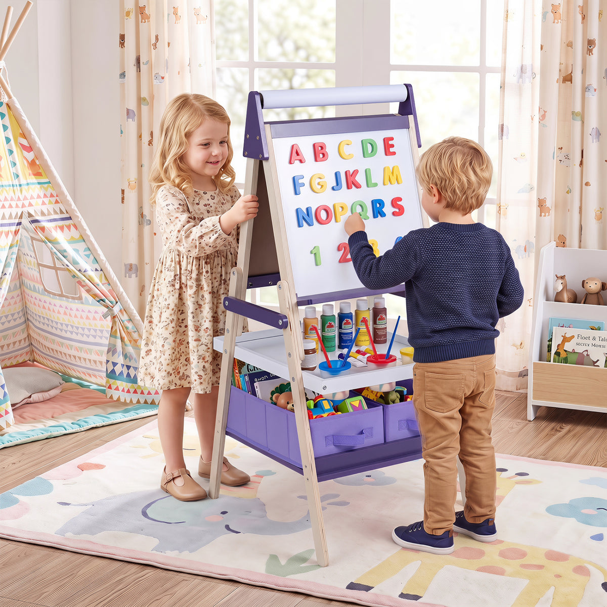 3-in-1 Art Easel for Kids with Magnetic Chalkboard and Whiteboard-Purple view 3