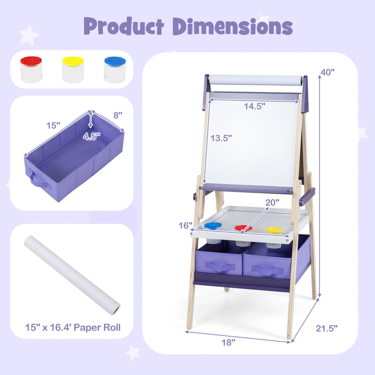 3-in-1 Art Easel for Kids with Magnetic Chalkboard and Whiteboard-Purple view 5