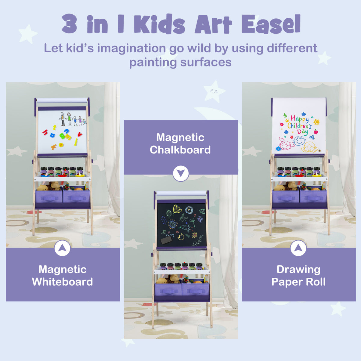 3-in-1 Art Easel for Kids with Magnetic Chalkboard and Whiteboard-Purple view 6