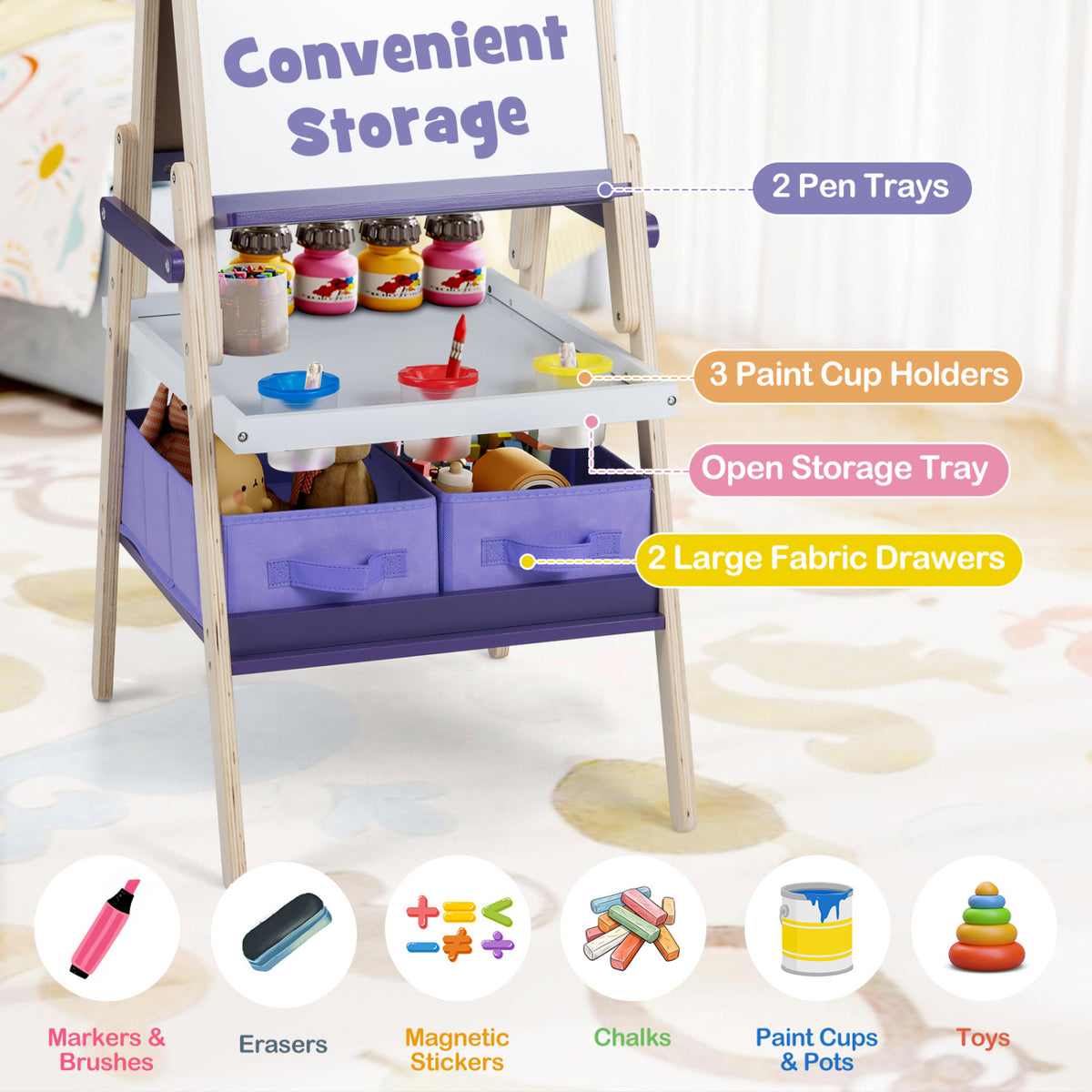 3-in-1 Art Easel for Kids with Magnetic Chalkboard and Whiteboard-Purple view 7