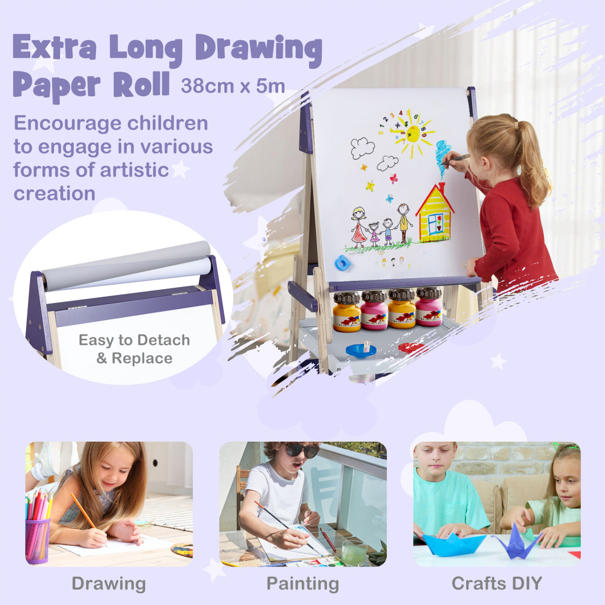 3-in-1 Art Easel for Kids with Magnetic Chalkboard and Whiteboard-Purple view 8