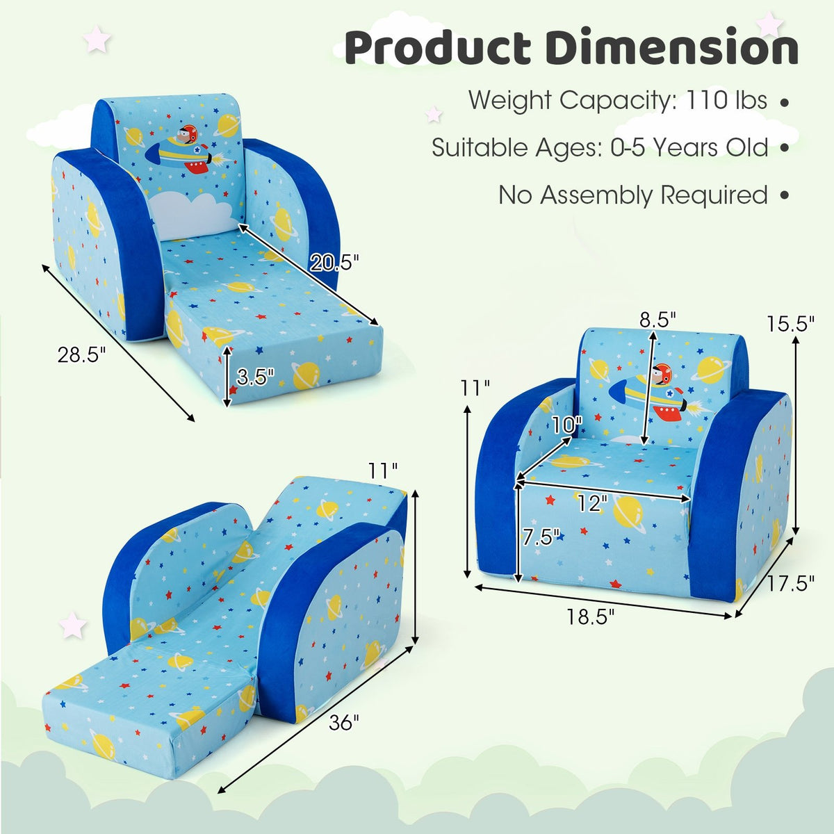 3 in 1 Convertible Flip Open Kids Sofa for Nap Play Sleep view 5