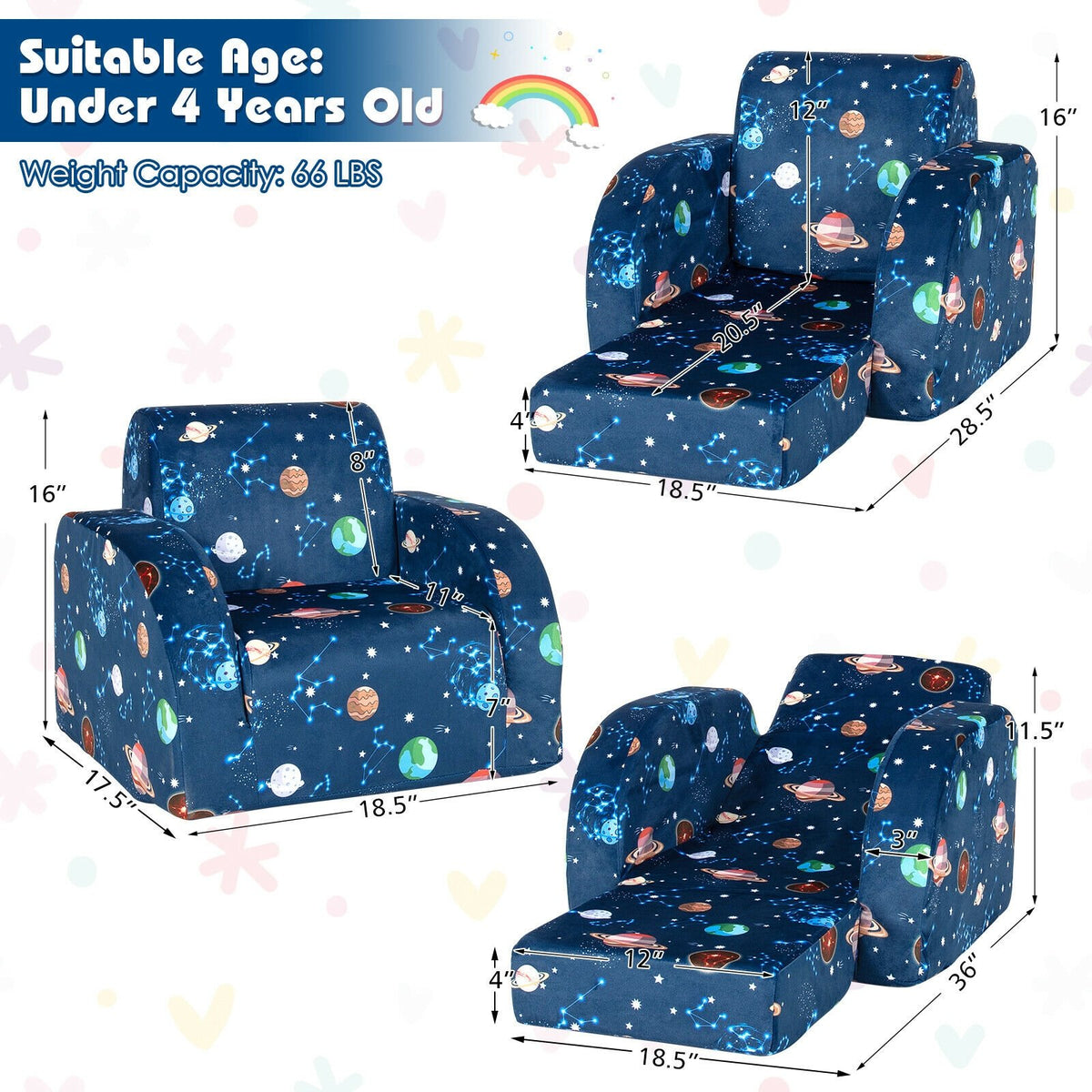 3-in-1 Convertible Kid Sofa Bed Flip-Out Chair Lounger for Toddler-Blue view 4