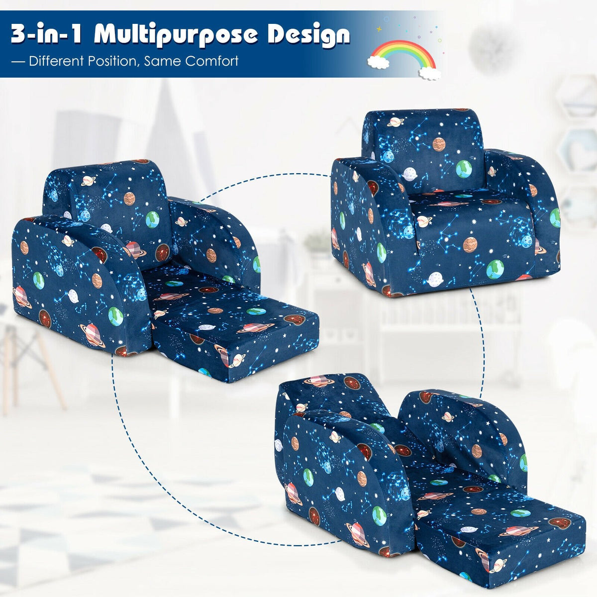 3-in-1 Convertible Kid Sofa Bed Flip-Out Chair Lounger for Toddler-Blue view 5