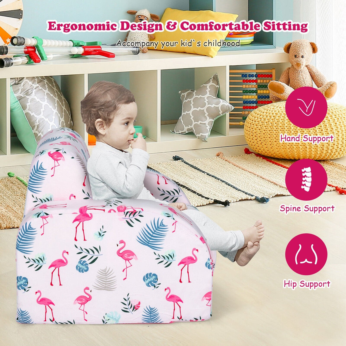 3-in-1 Convertible Kid Sofa Bed Flip-Out Chair Lounger for Toddler-Pink view 3