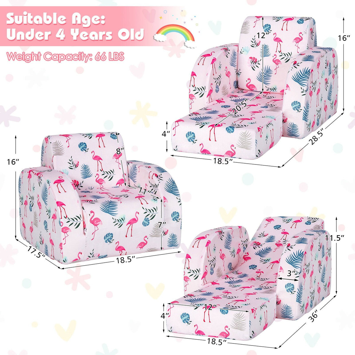 3-in-1 Convertible Kid Sofa Bed Flip-Out Chair Lounger for Toddler-Pink view 4