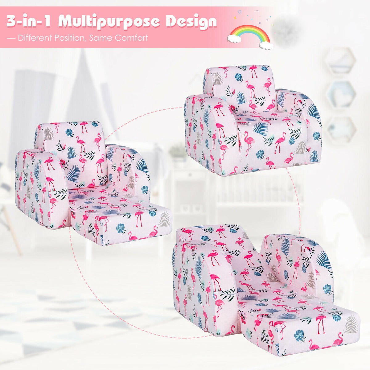 3-in-1 Convertible Kid Sofa Bed Flip-Out Chair Lounger for Toddler-Pink view 5