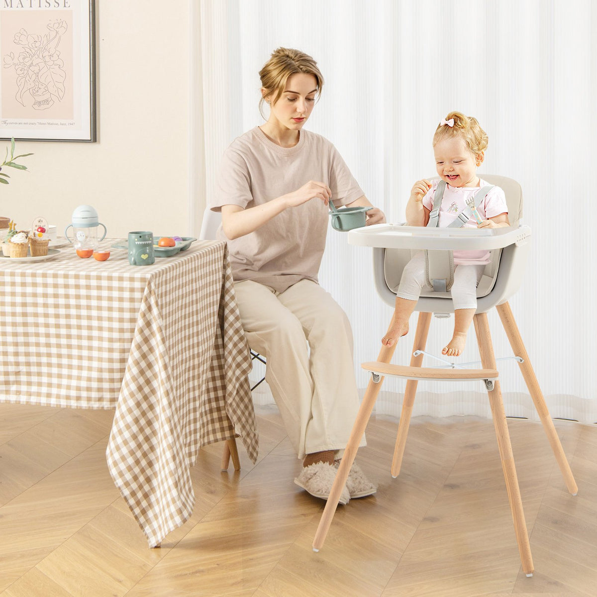 3-in-1 Convertible Wooden High Chair with Cushion-Beige view 2