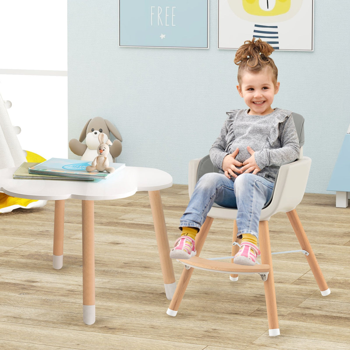 3-in-1 Convertible Wooden High Chair with Cushion-Gray view 3