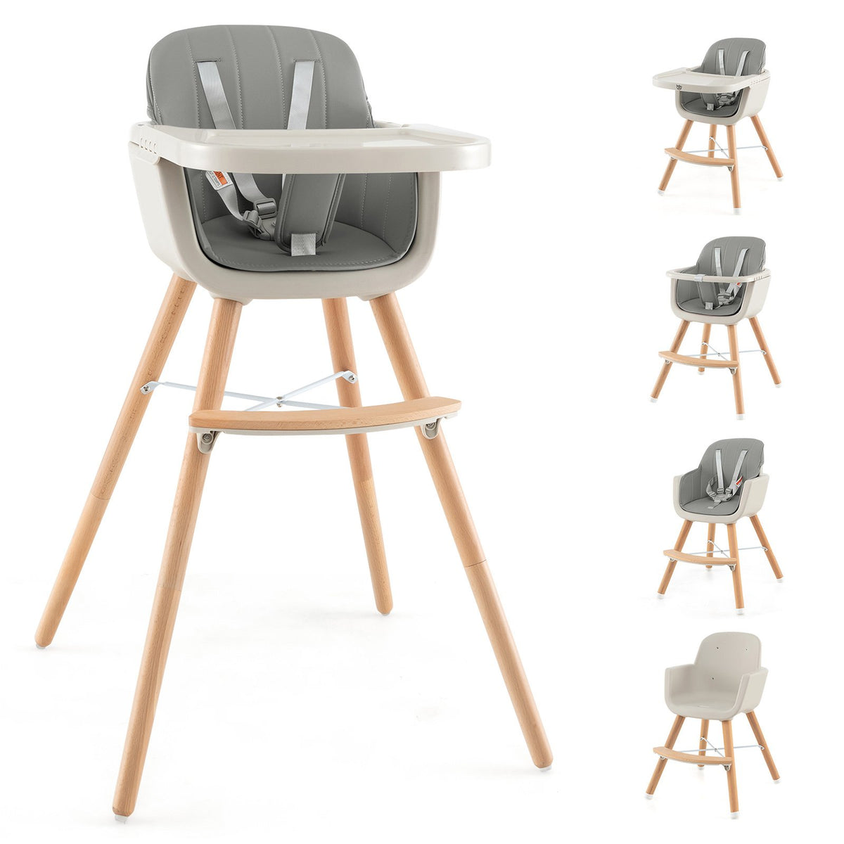 3-in-1 Convertible Wooden High Chair with Cushion-Gray view 4