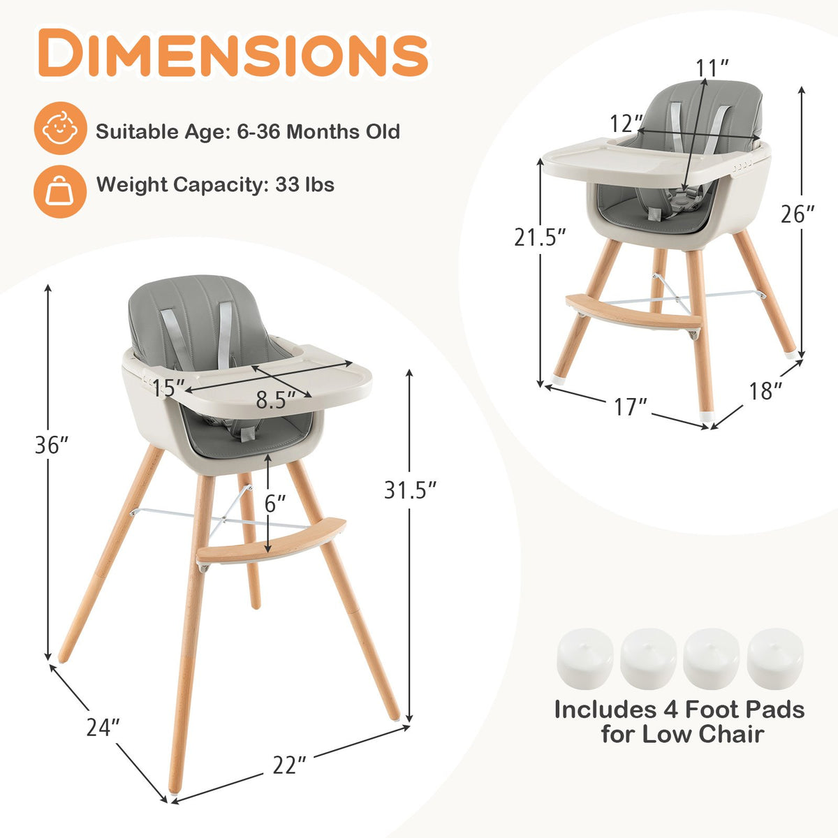 3-in-1 Convertible Wooden High Chair with Cushion-Gray view 5