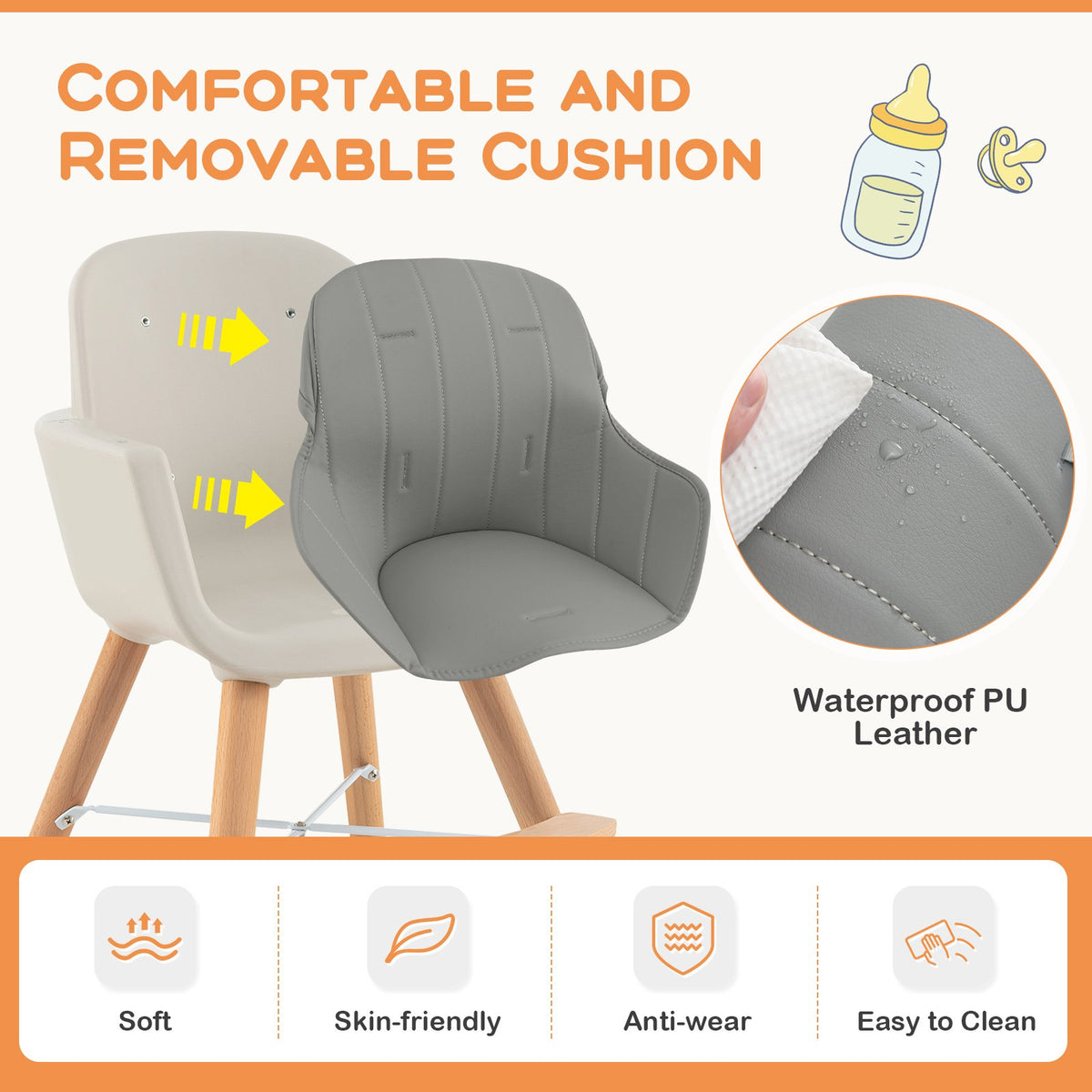 3-in-1 Convertible Wooden High Chair with Cushion-Gray view 6
