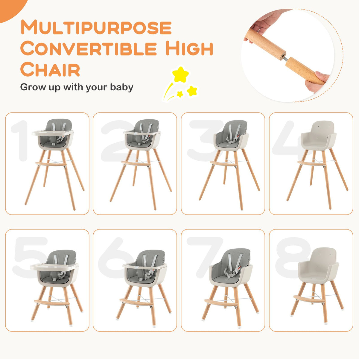 3-in-1 Convertible Wooden High Chair with Cushion-Gray view 9