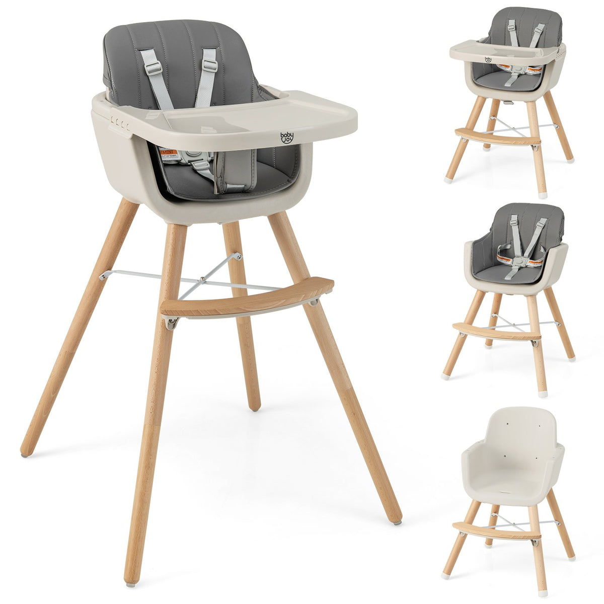 3-in-1 Convertible Wooden High Chair with Cushion-Light Gray view 4