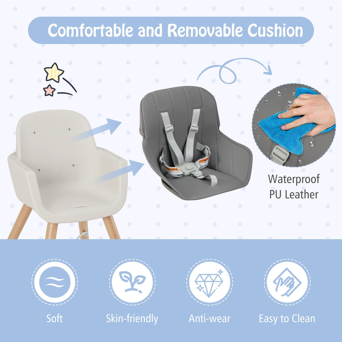 3-in-1 Convertible Wooden High Chair with Cushion-Light Gray view 7