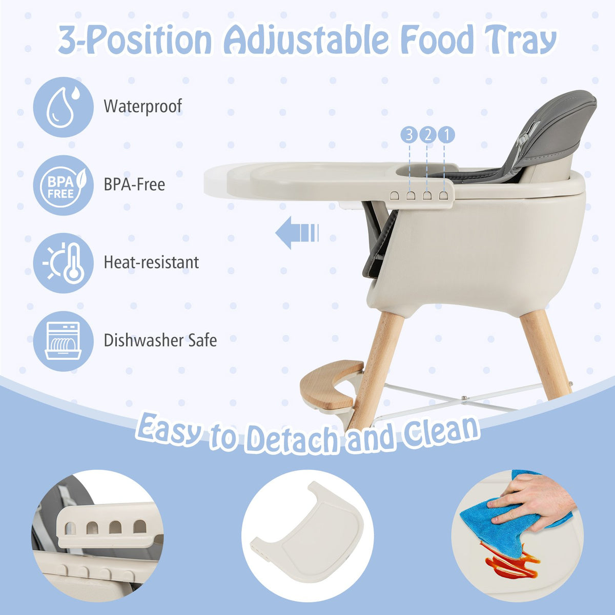 3-in-1 Convertible Wooden High Chair with Cushion-Light Gray view 9