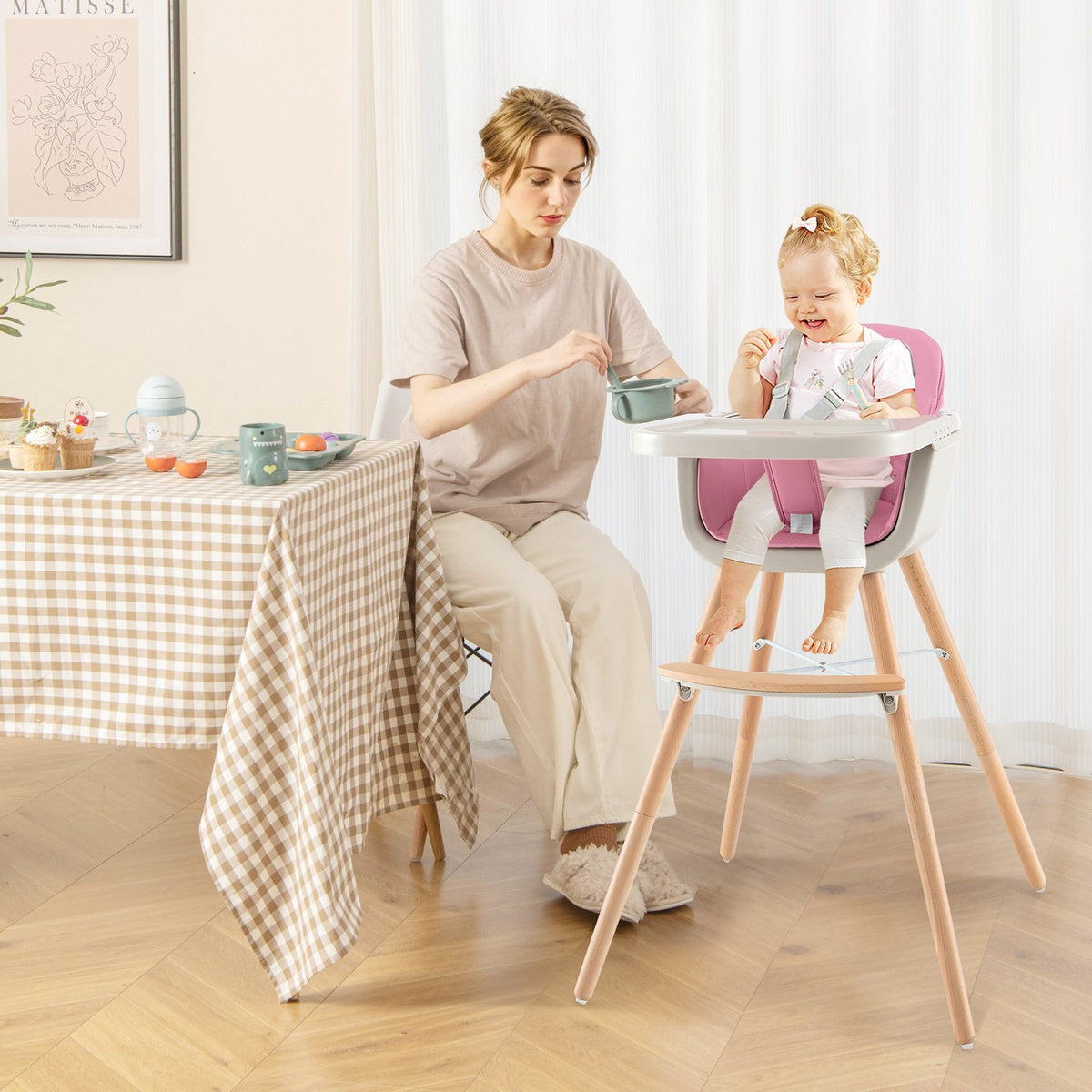 3-in-1 Convertible Wooden High Chair with Cushion-Pink view 2
