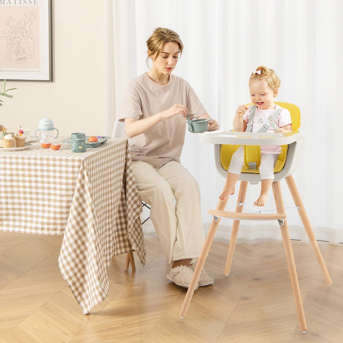 3-in-1 Convertible Wooden High Chair with Cushion-Yellow view 2