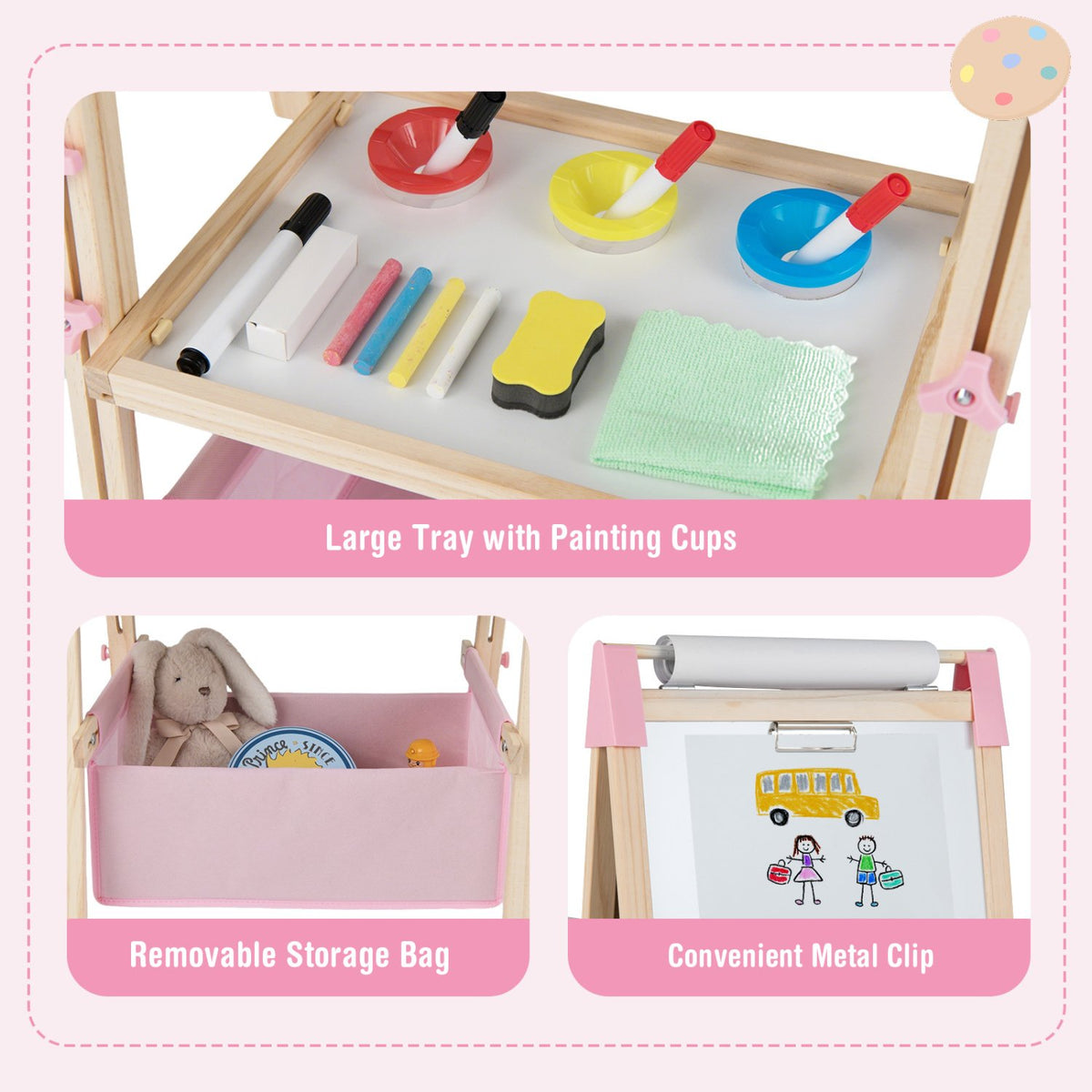3-in-1 Double-Sided Adjustable Kid Easel for 3-8 Years Old Toddlers-Pink view 5