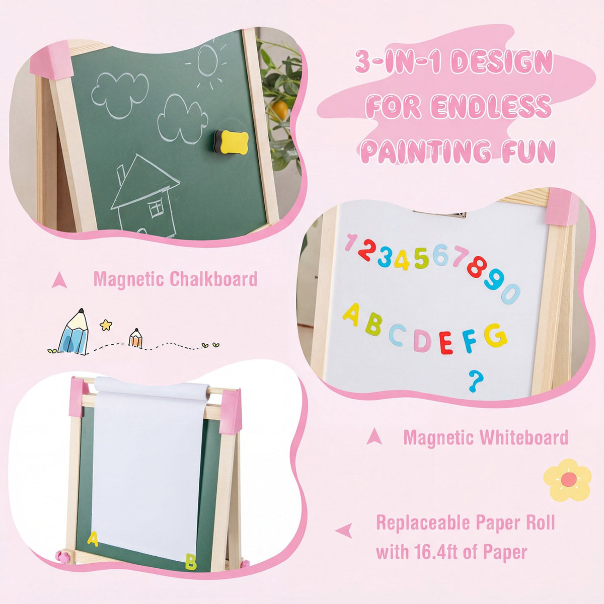 3-in-1 Double-Sided Adjustable Kid Easel for 3-8 Years Old Toddlers-Pink view 7