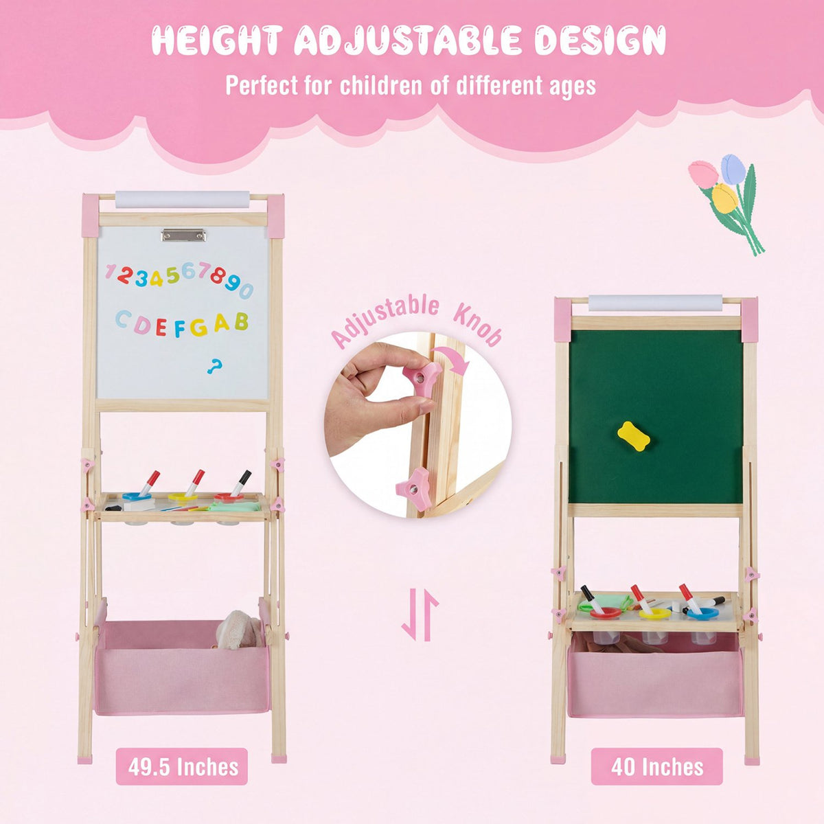 3-in-1 Double-Sided Adjustable Kid Easel for 3-8 Years Old Toddlers-Pink view 8