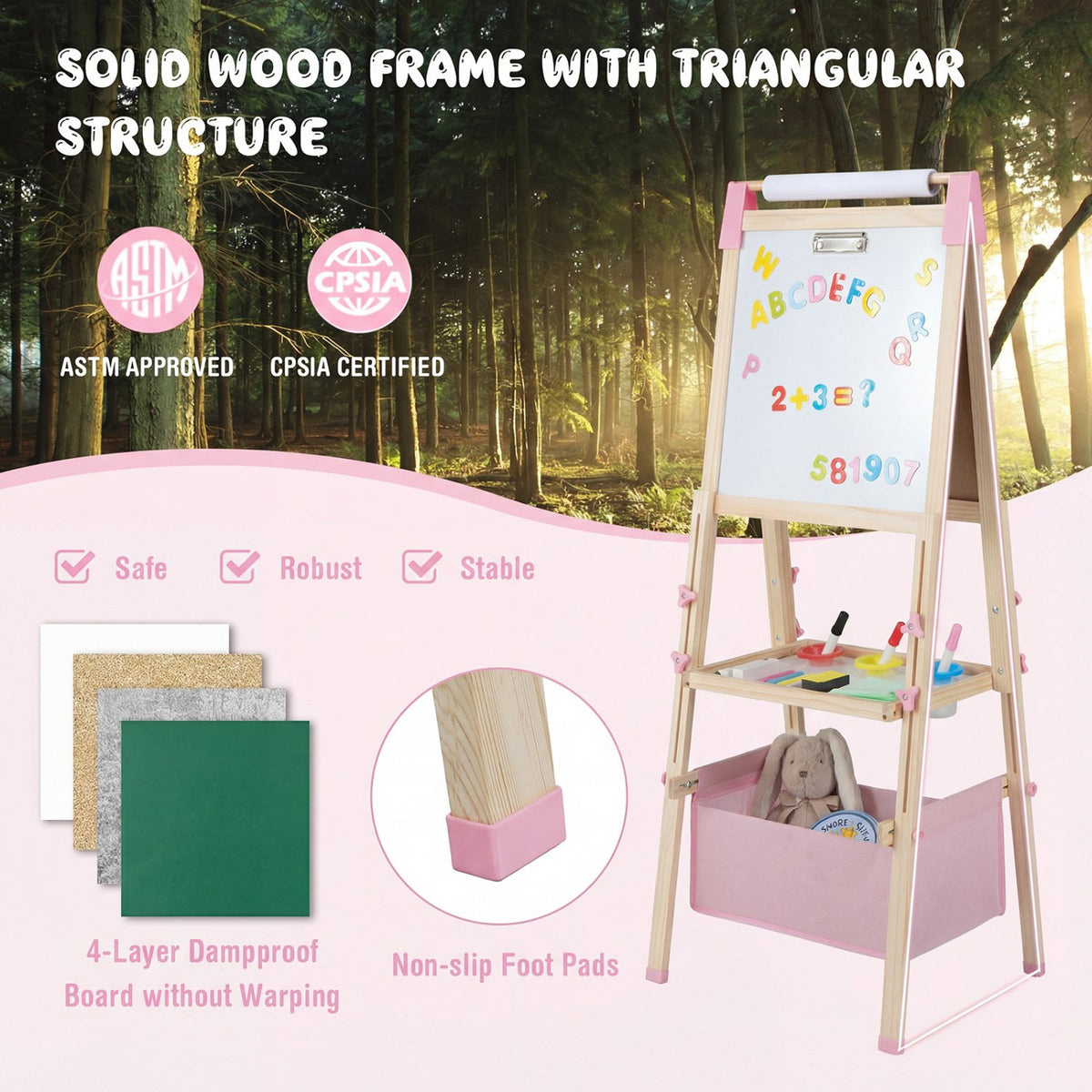3-in-1 Double-Sided Adjustable Kid Easel for 3-8 Years Old Toddlers-Pink view 9