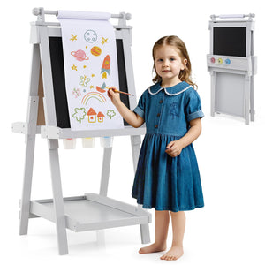 3-in-1 Double-sided Art Easel with Chalkboard and Magnetic Whiteboard-Gray view 4