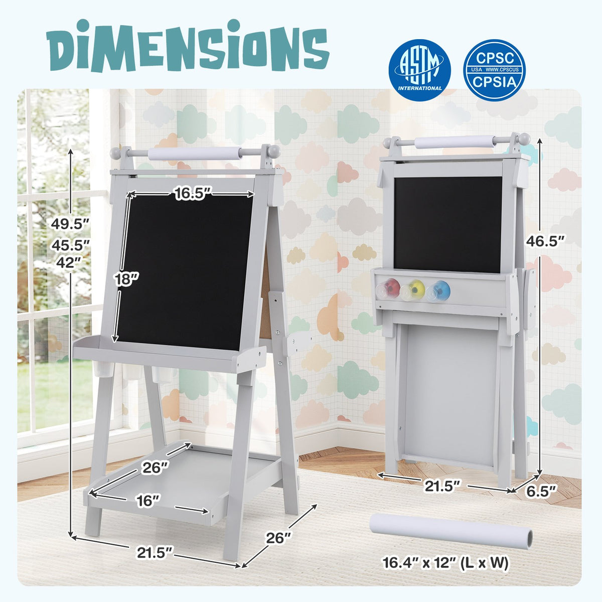 3-in-1 Double-sided Art Easel with Chalkboard and Magnetic Whiteboard-Gray view 5