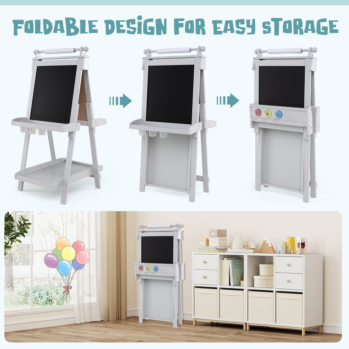 3-in-1 Double-sided Art Easel with Chalkboard and Magnetic Whiteboard-Gray view 9