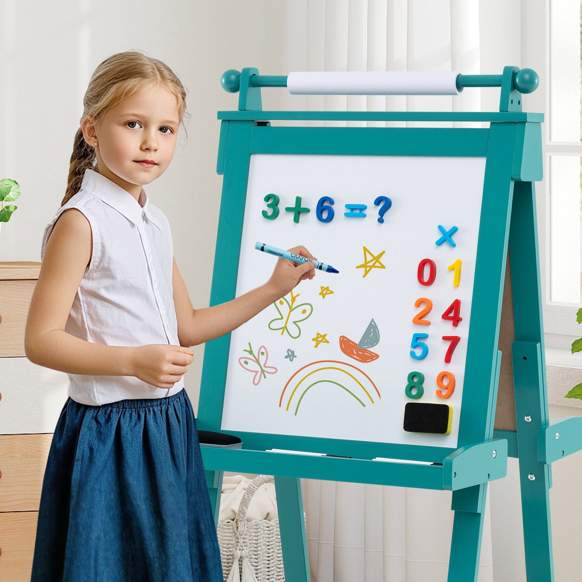 3-in-1 Double-sided Art Easel with Chalkboard and Magnetic Whiteboard-Green view 3