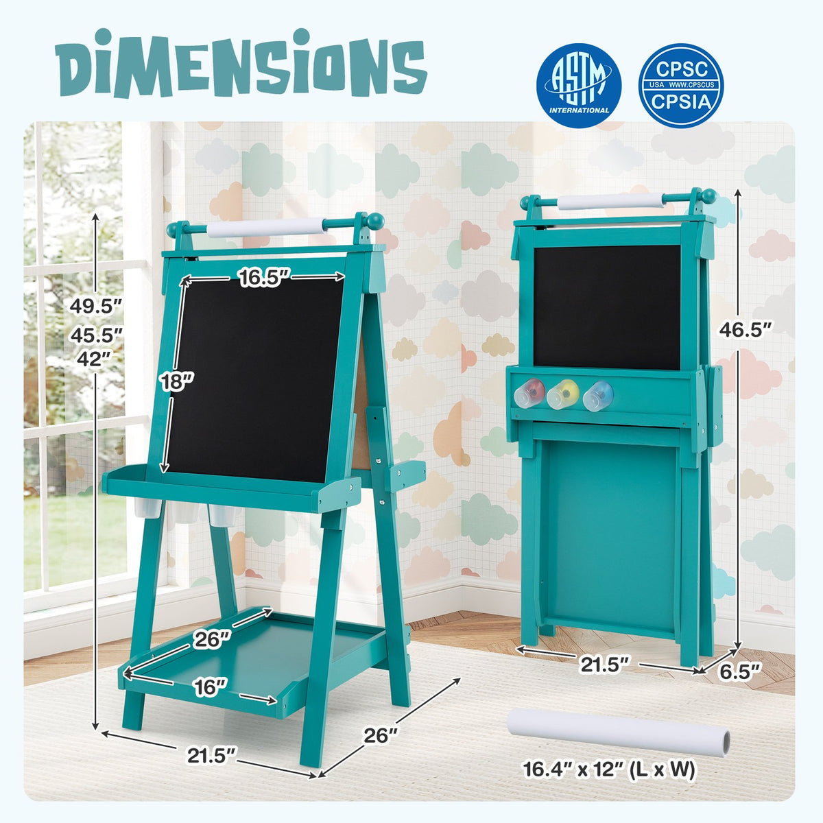 3-in-1 Double-sided Art Easel with Chalkboard and Magnetic Whiteboard-Green view 5