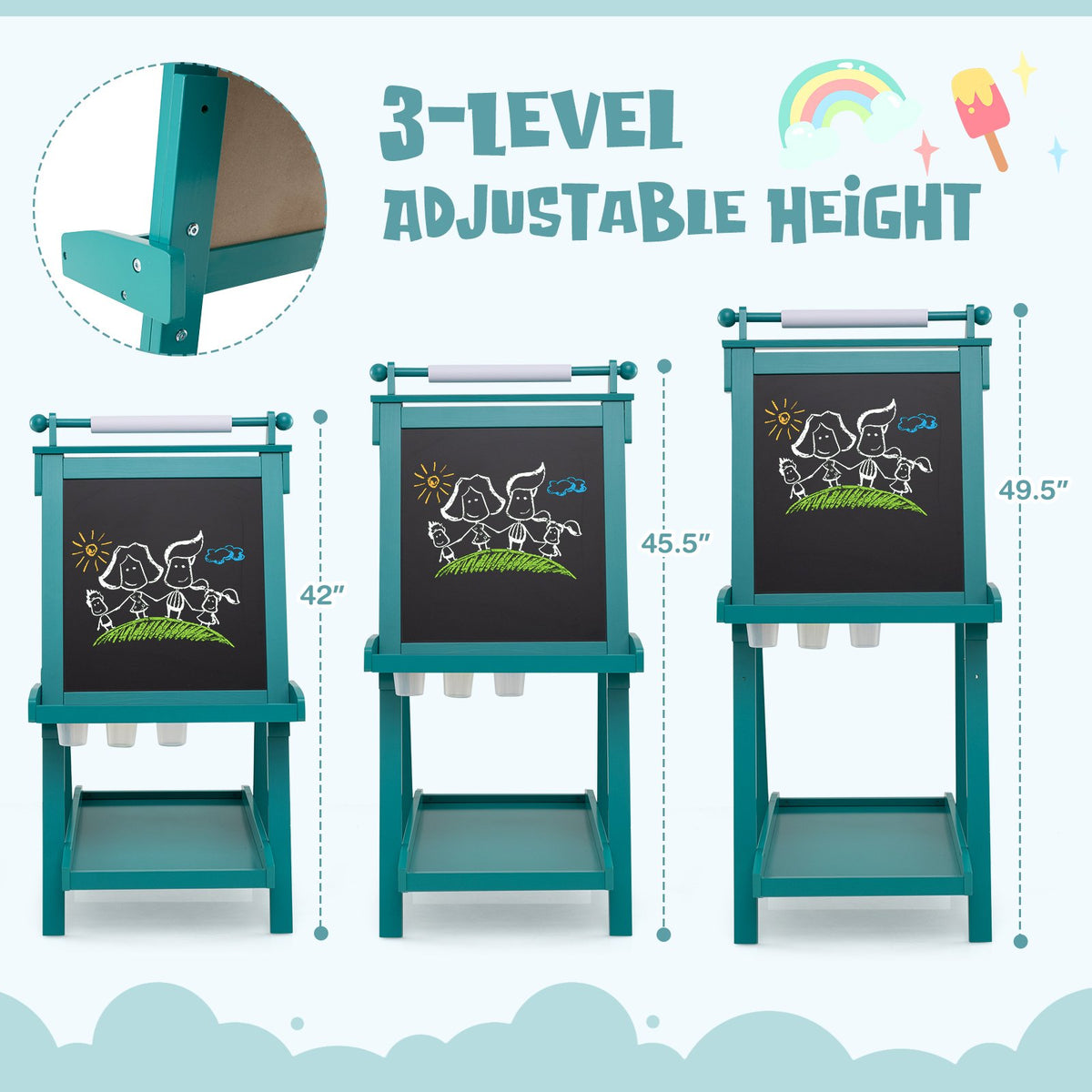 3-in-1 Double-sided Art Easel with Chalkboard and Magnetic Whiteboard-Green view 6