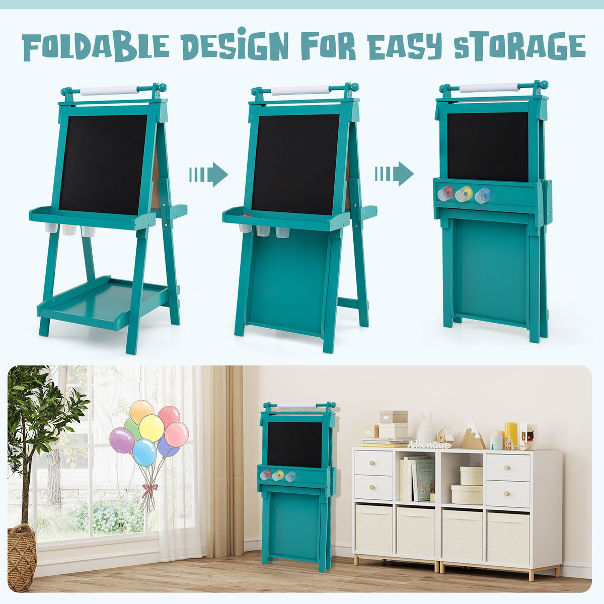 3-in-1 Double-sided Art Easel with Chalkboard and Magnetic Whiteboard-Green view 9
