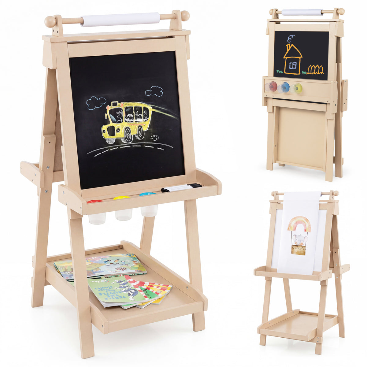 3-in-1 Double-sided Art Easel with Chalkboard and Magnetic Whiteboard-Natrual