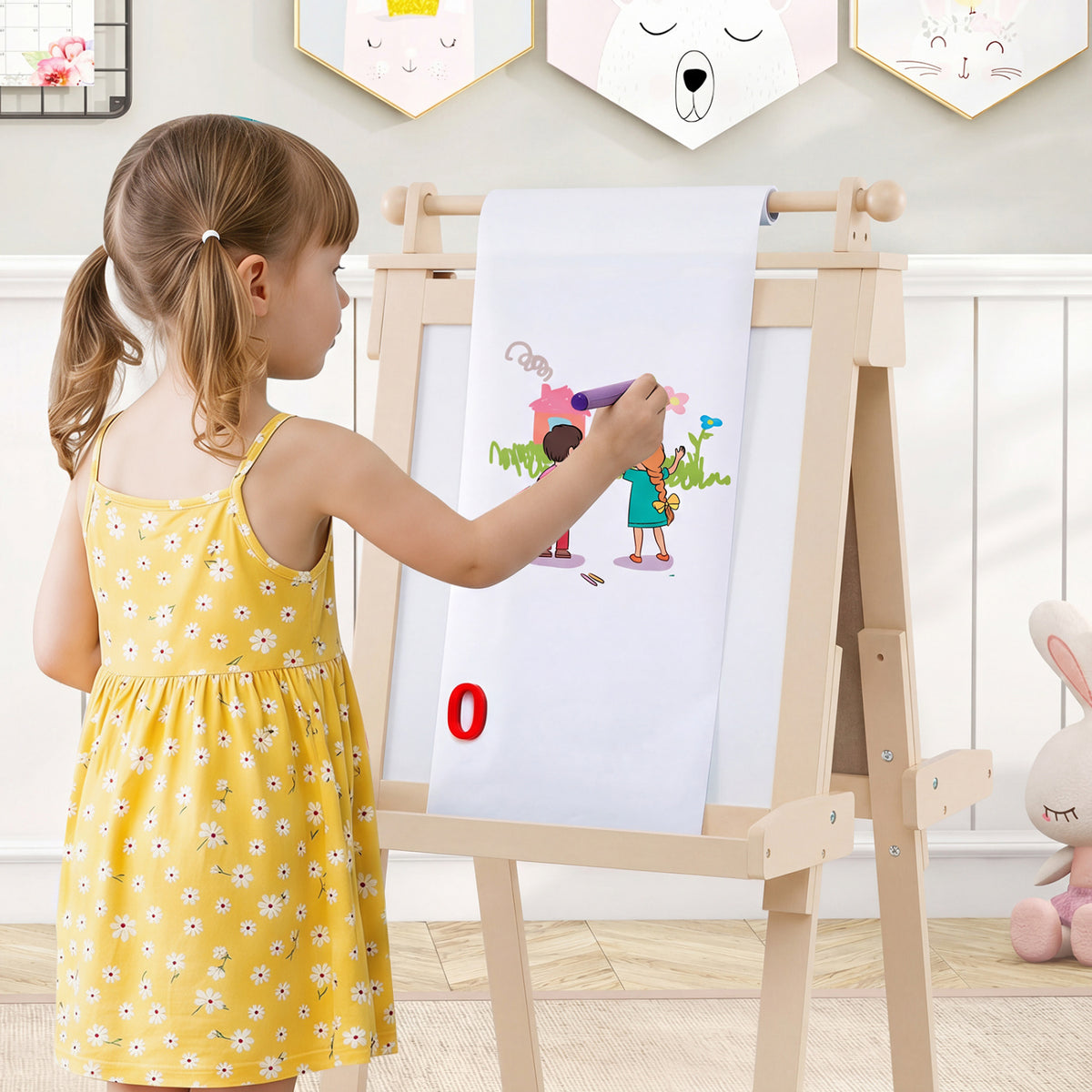 3-in-1 Double-sided Art Easel with Chalkboard and Magnetic Whiteboard-Natrual view 2