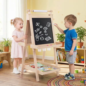 3-in-1 Double-sided Art Easel with Chalkboard and Magnetic Whiteboard-Natrual view 3