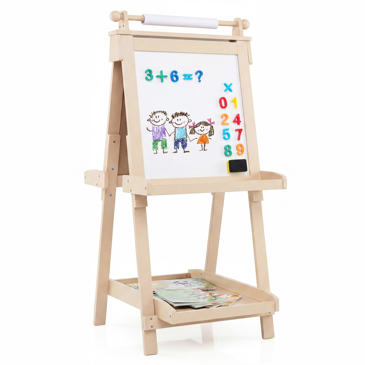 3-in-1 Double-sided Art Easel with Chalkboard and Magnetic Whiteboard-Natrual view 4