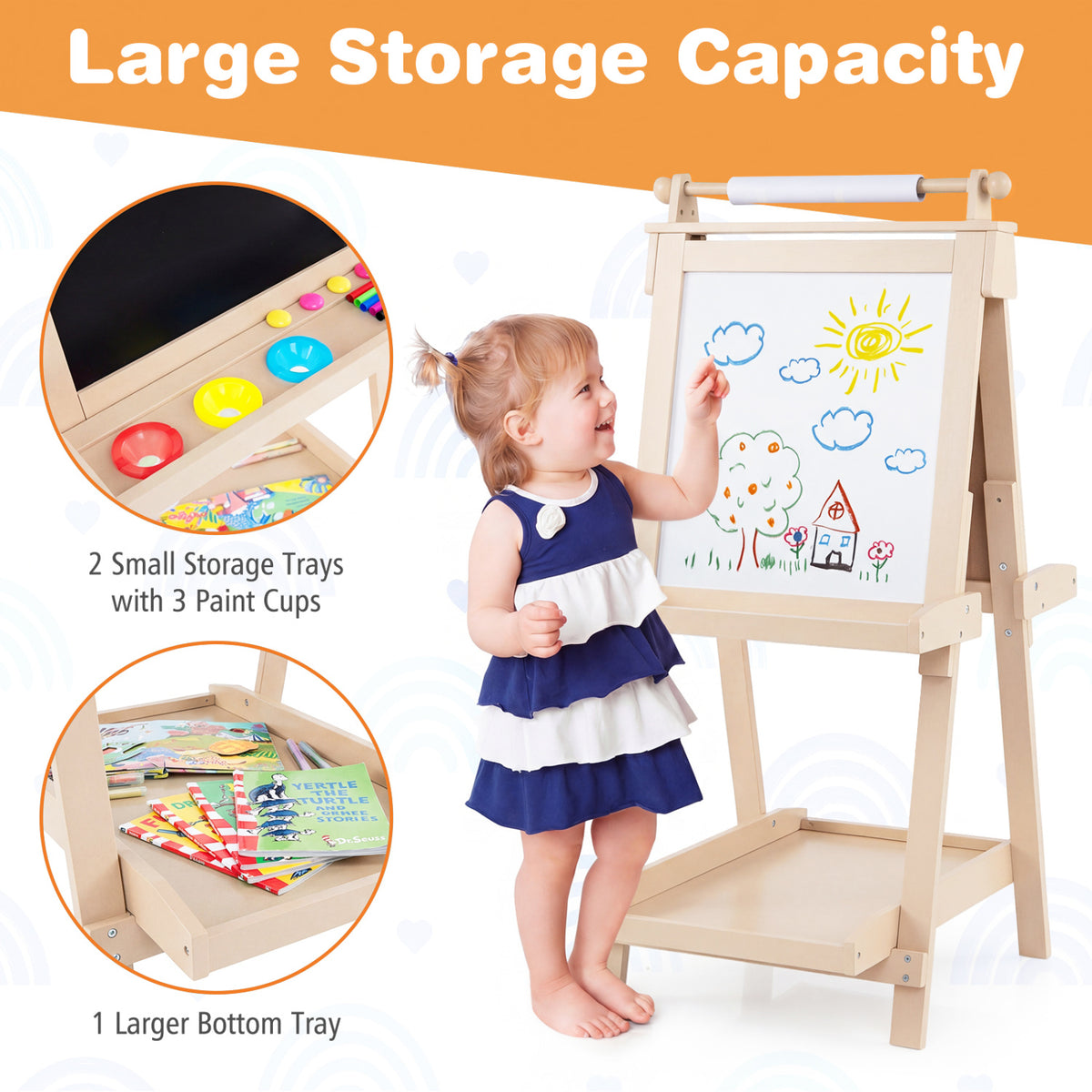 3-in-1 Double-sided Art Easel with Chalkboard and Magnetic Whiteboard-Natrual view 6