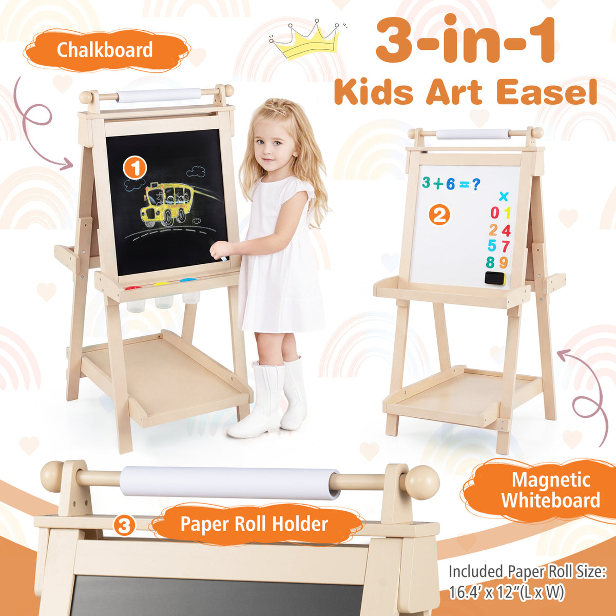 3-in-1 Double-sided Art Easel with Chalkboard and Magnetic Whiteboard-Natrual view 7