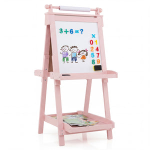 3-in-1 Double-sided Art Easel with Chalkboard and Magnetic Whiteboard-Pink view 4