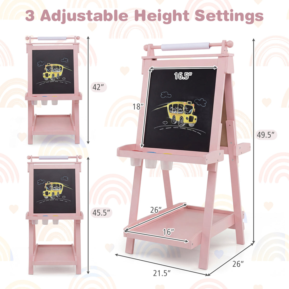 3-in-1 Double-sided Art Easel with Chalkboard and Magnetic Whiteboard-Pink view 5