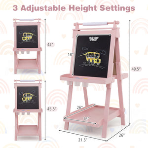 3-in-1 Double-sided Art Easel with Chalkboard and Magnetic Whiteboard-Pink view 5