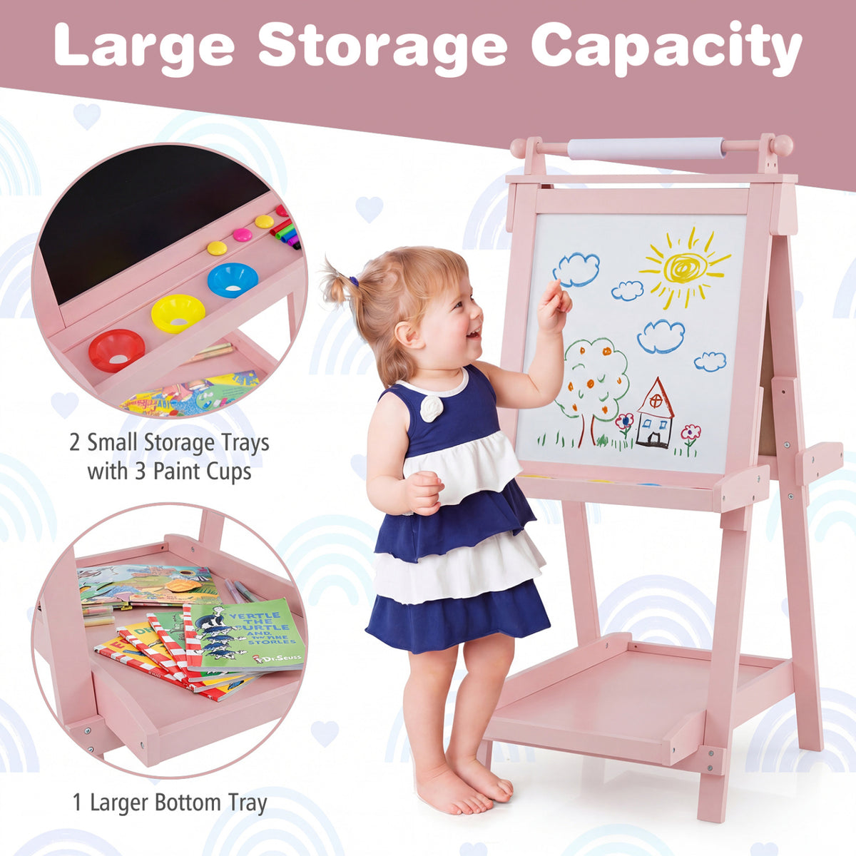 3-in-1 Double-sided Art Easel with Chalkboard and Magnetic Whiteboard-Pink view 6