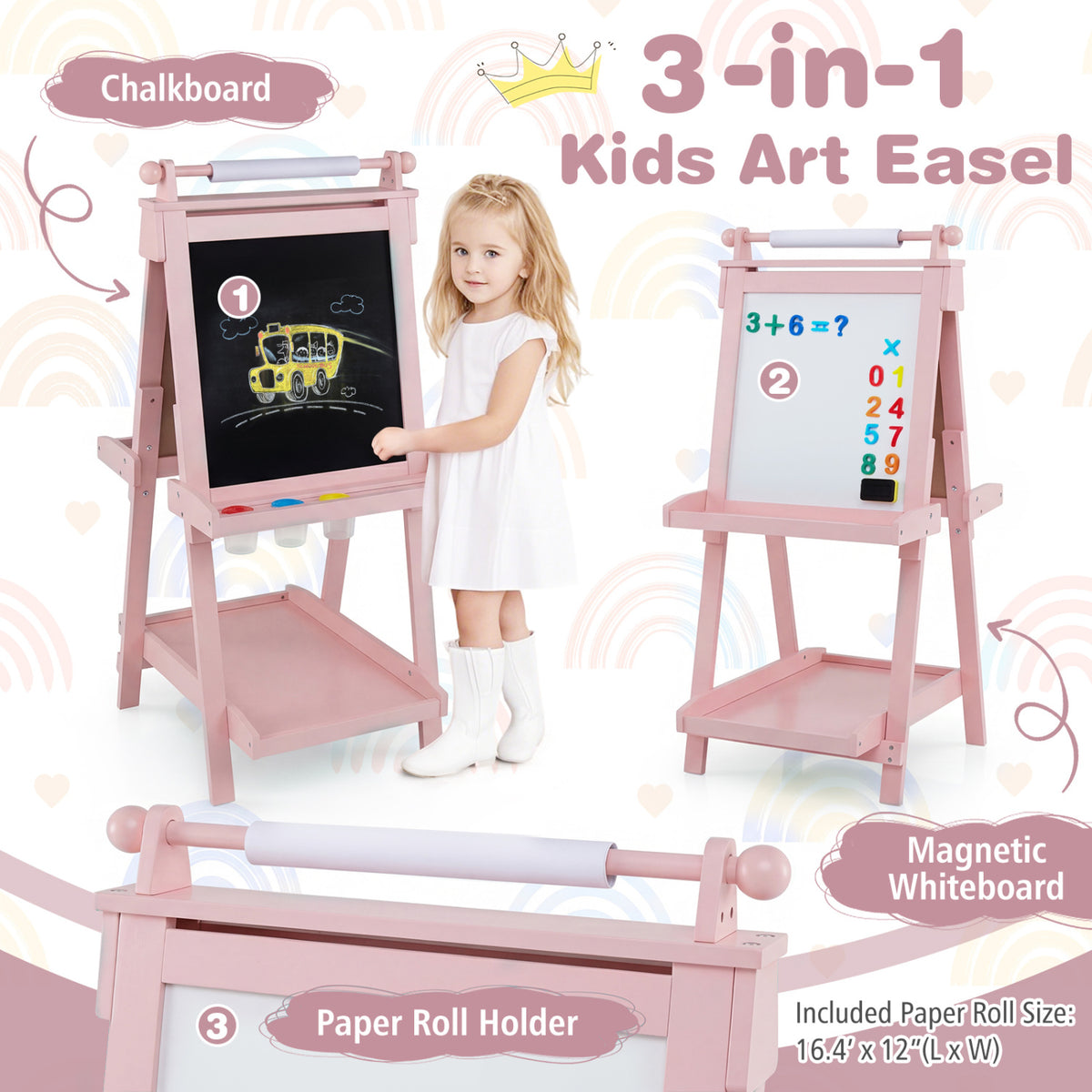 3-in-1 Double-sided Art Easel with Chalkboard and Magnetic Whiteboard-Pink view 7