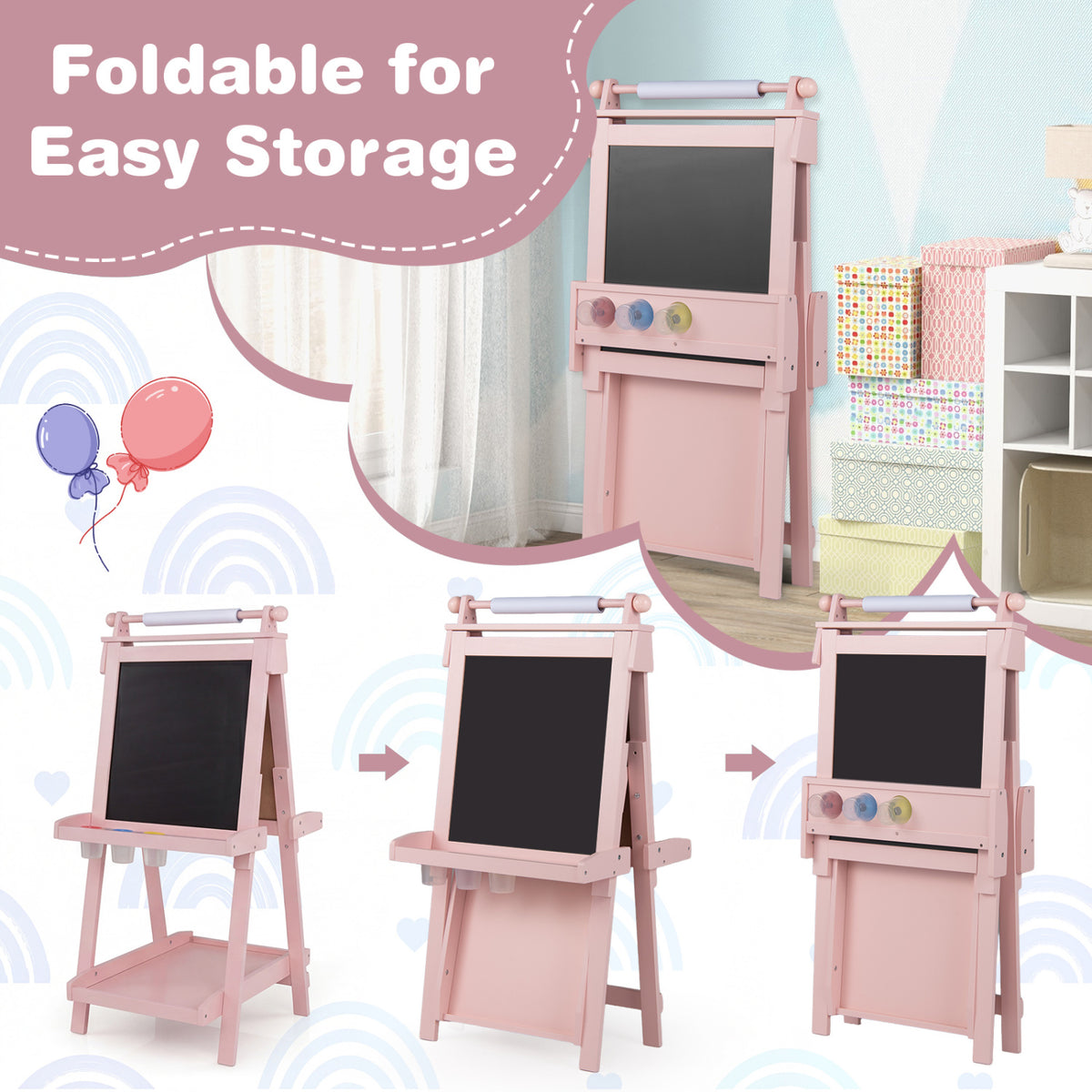3-in-1 Double-sided Art Easel with Chalkboard and Magnetic Whiteboard-Pink view 8