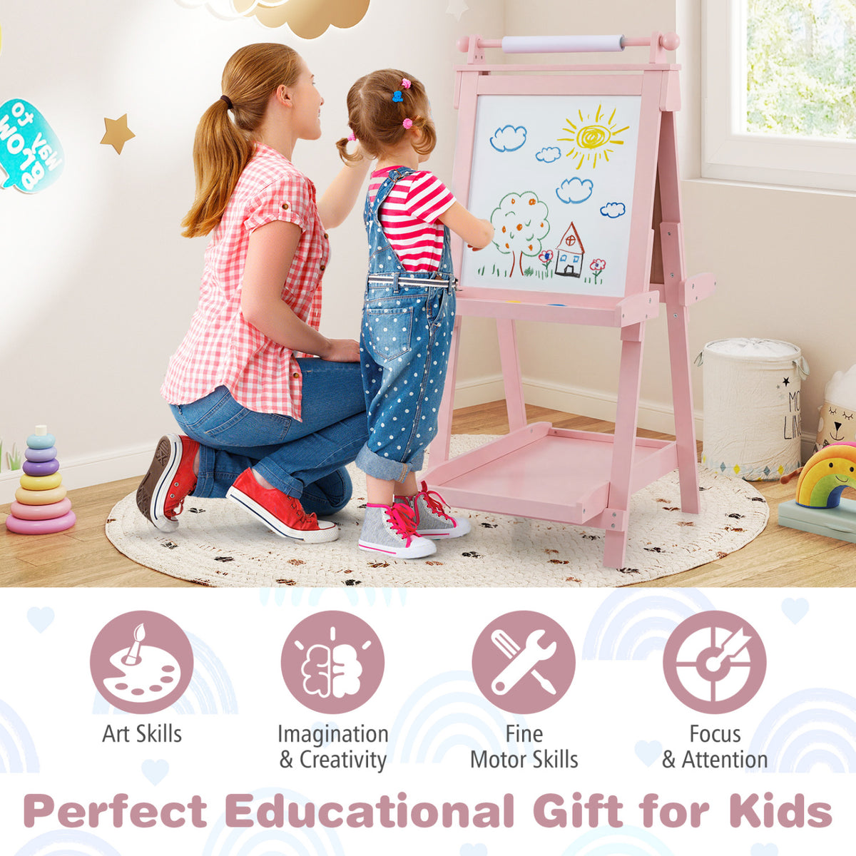 3-in-1 Double-sided Art Easel with Chalkboard and Magnetic Whiteboard-Pink view 9