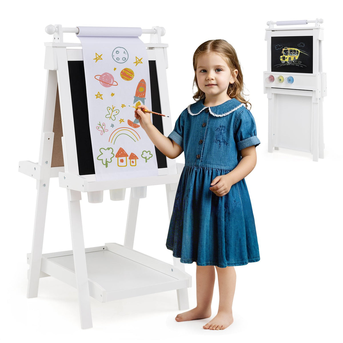 3-in-1 Double-sided Art Easel with Chalkboard and Magnetic Whiteboard-White view 4