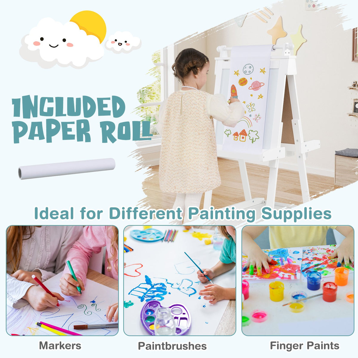 3-in-1 Double-sided Art Easel with Chalkboard and Magnetic Whiteboard-White view 8