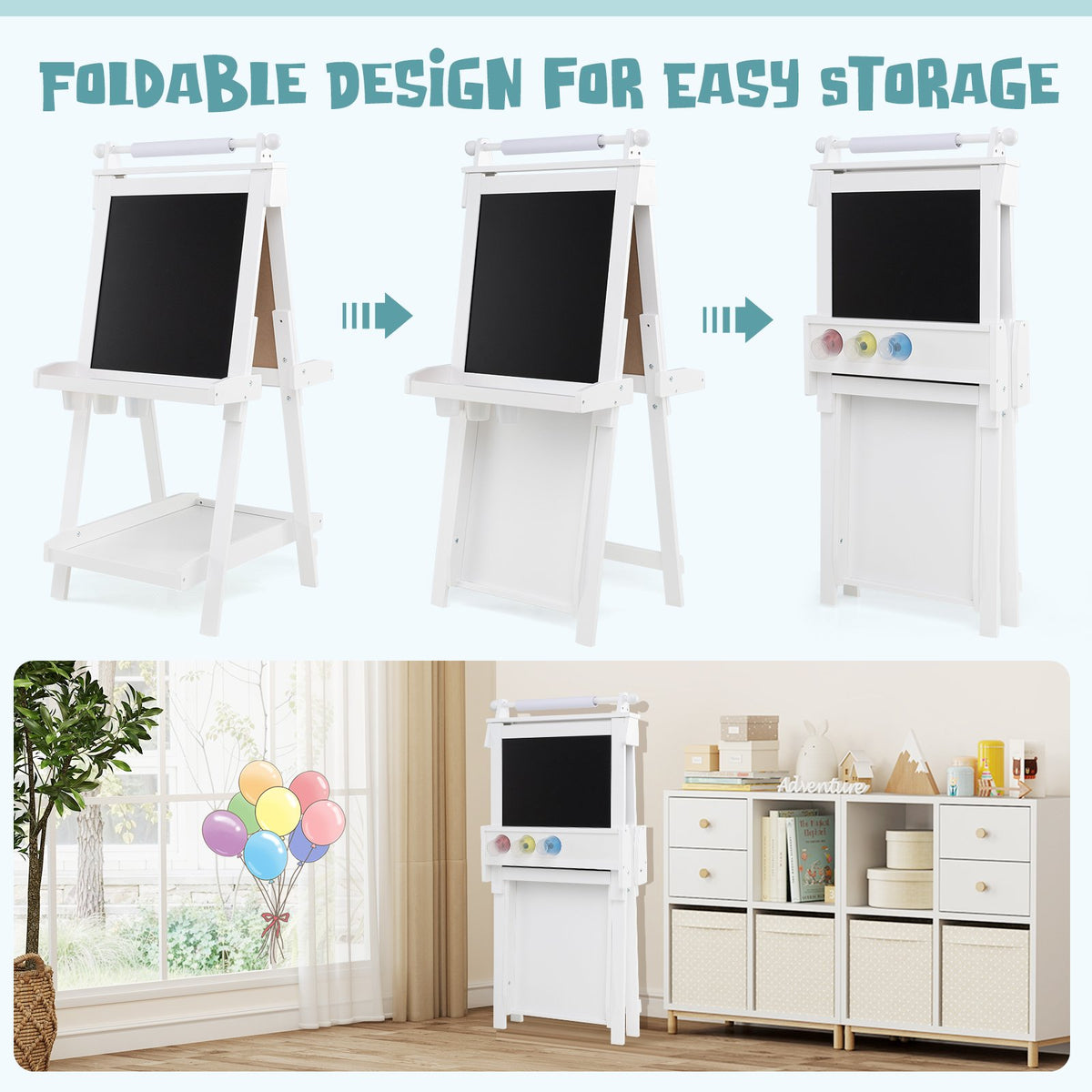 3-in-1 Double-sided Art Easel with Chalkboard and Magnetic Whiteboard-White view 9