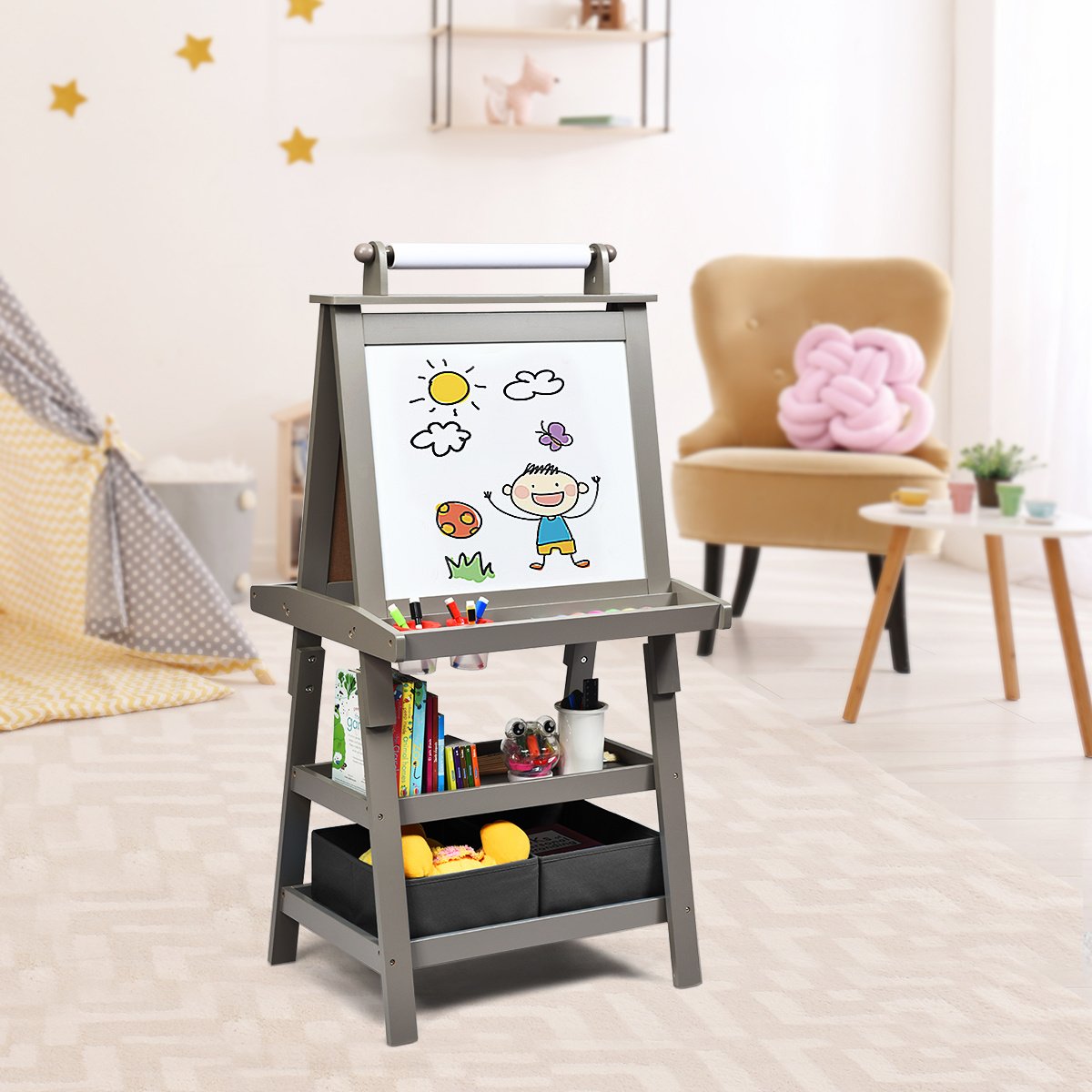 3 in 1 Double-Sided Storage Art Easel-Gray view 2